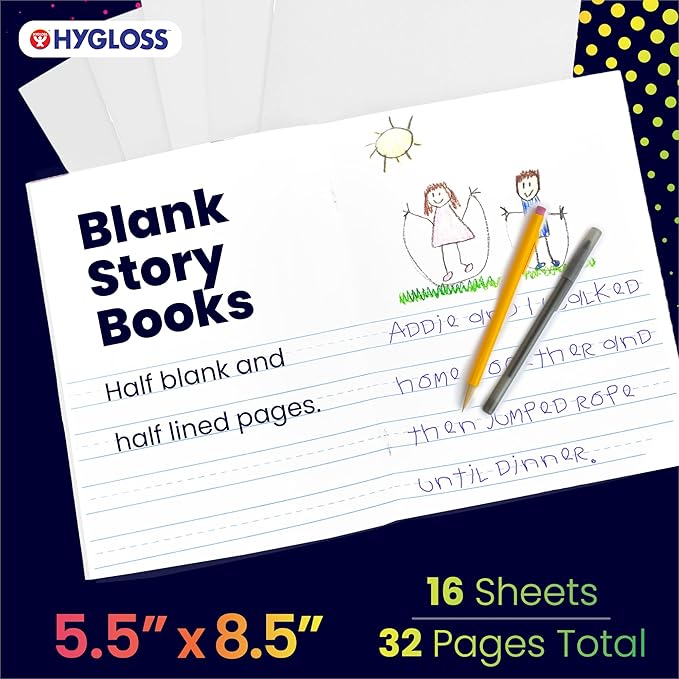 Hygloss Half Blank Books for Kids to Write Stories and Illustrate – Bulk 24 Pack – 5.5" x 8.5" A5 – Small Primary Journal for Grades K-2, Preschool/Kindergarten Notebook with Picture Space – 24 Pages