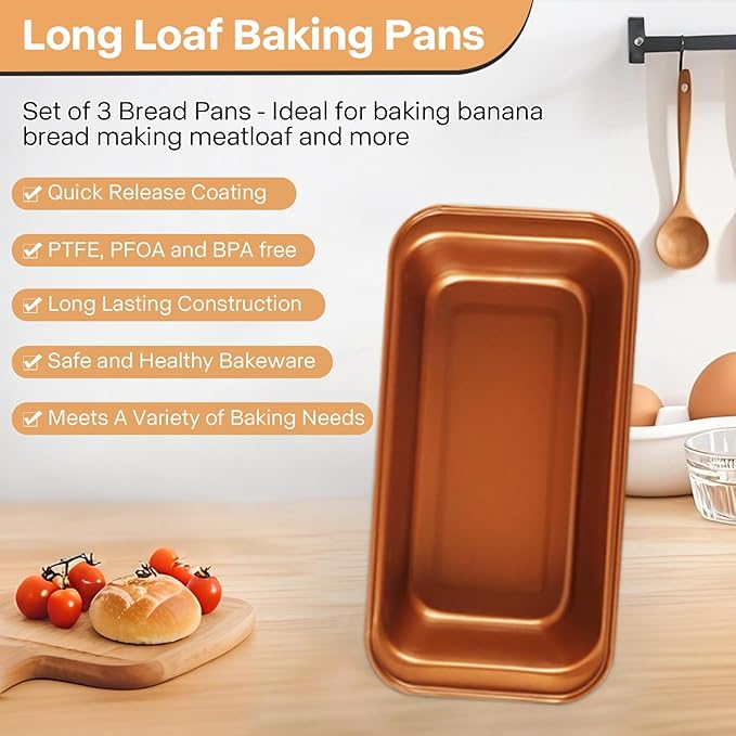 Proigtz 9x4 Inch Loaf Pan 3 Pack, Carbon Steel Nonstick Copper Bread Pan