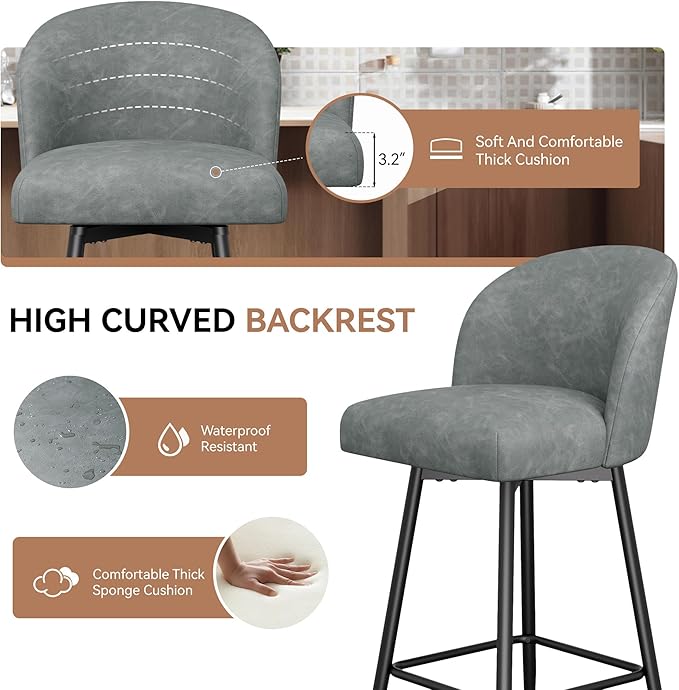 Counter Height Bar Stools Set of 4,360° Swivel Barstools with High Back and Metal Legs,26" Seat Height, Upholstered PU Leather Bar Chairs for Kitchen Island, Dining Room,Cafes,Grey