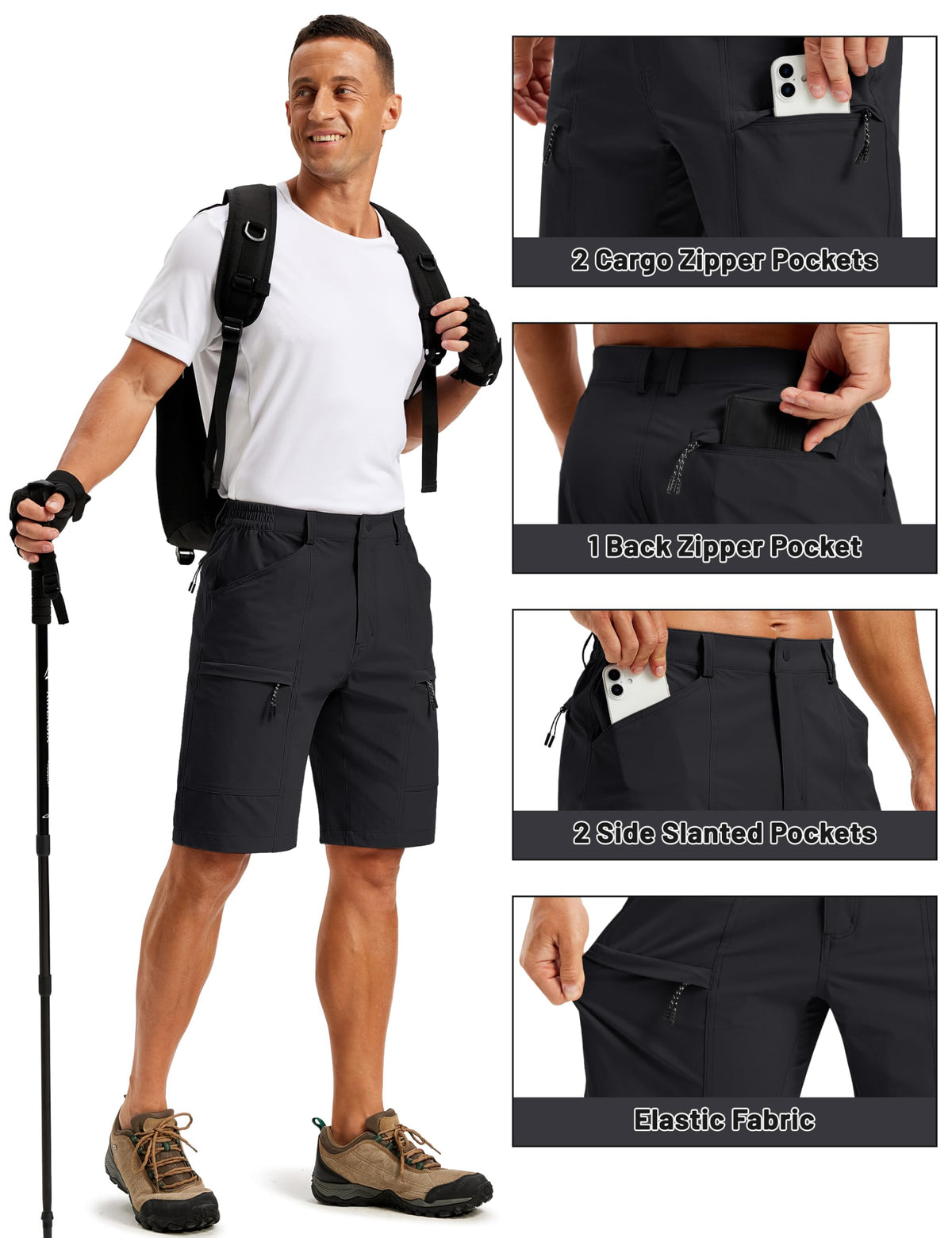 TACVASEN Men's Hiking Cargo Shorts Quick Dry Lightweight Shorts with Zipper Pockets for Casual Golf Travel Work Black 38