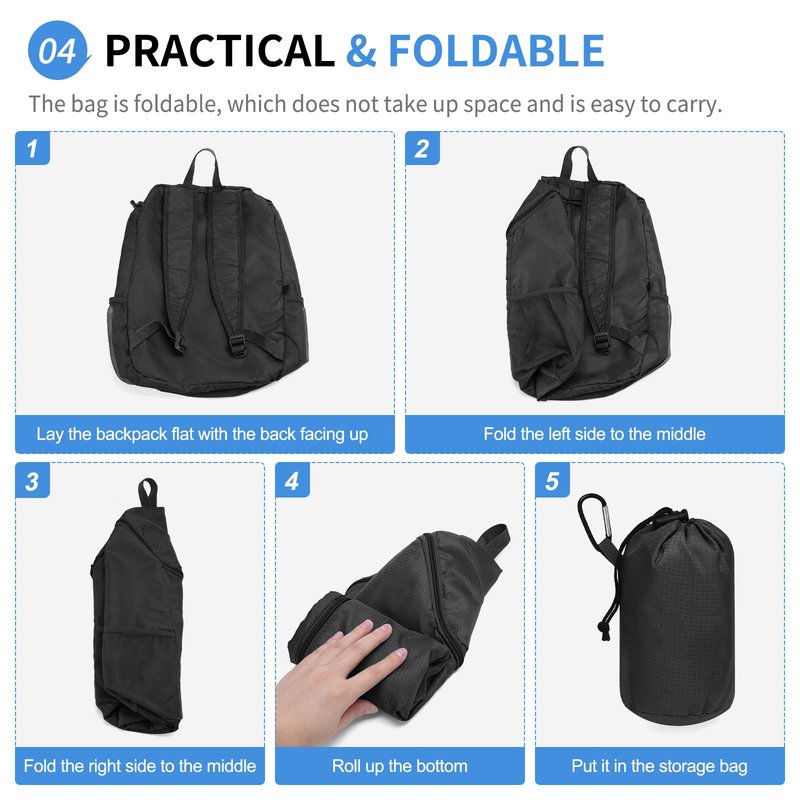 SUIKIHUM Hiking Backpack, 20L Packable Daypack for Men Women, Nylon with Adjustable Straps, Lightweight Waterproof Outdoor Camping Travel, Black