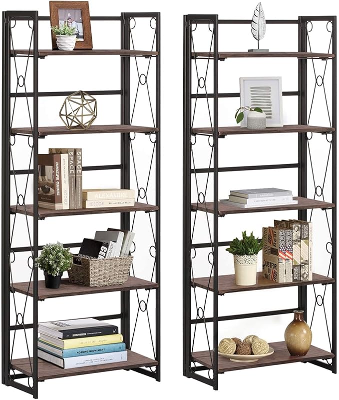 VECELO 2 Set Folding Bookshelf 5-Tier,Industrial Metal Frame & Wood Shelves,Foldable Bookcase No Assembly Free Standing Storage Organizer for Living Room,Office,Bedroom