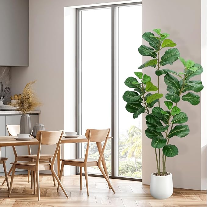 Artificial Fiddle Leaf Fig Tree with White Planter,6ft Tall Fake Plants with 4 Trunk,Faux Fig Trees Floor Plant in Pot,Fake Ficus Lyrata Trees for Indoor Living Room Bedroom Office Housewarming Gift