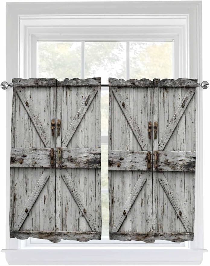 Vintage Gate Tier Curtains 45 Inches Long, Farmhouse Wooden Grain Shabby Chic