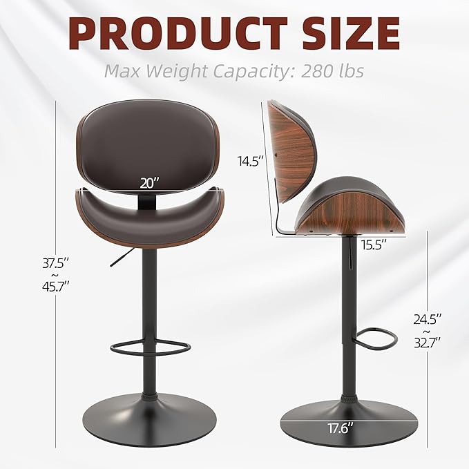 civama Bar Stools Set of 3 for Kitchen Counter, Adjustable Bar Height Chairs, Modern Swivel Barstools with Bentwood Seat and Back with Footrest for Kitchen Island, Dining Room, Brown PU Leather