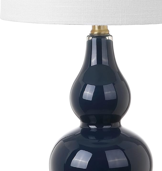 JONATHAN Y 20.5" Navy Glass Table Lamp, Modern Gourd Bedside Nightstand Lamp for Bedroom, Living Room, White Linen Shade, LED Bulb Included (JYL1028F)