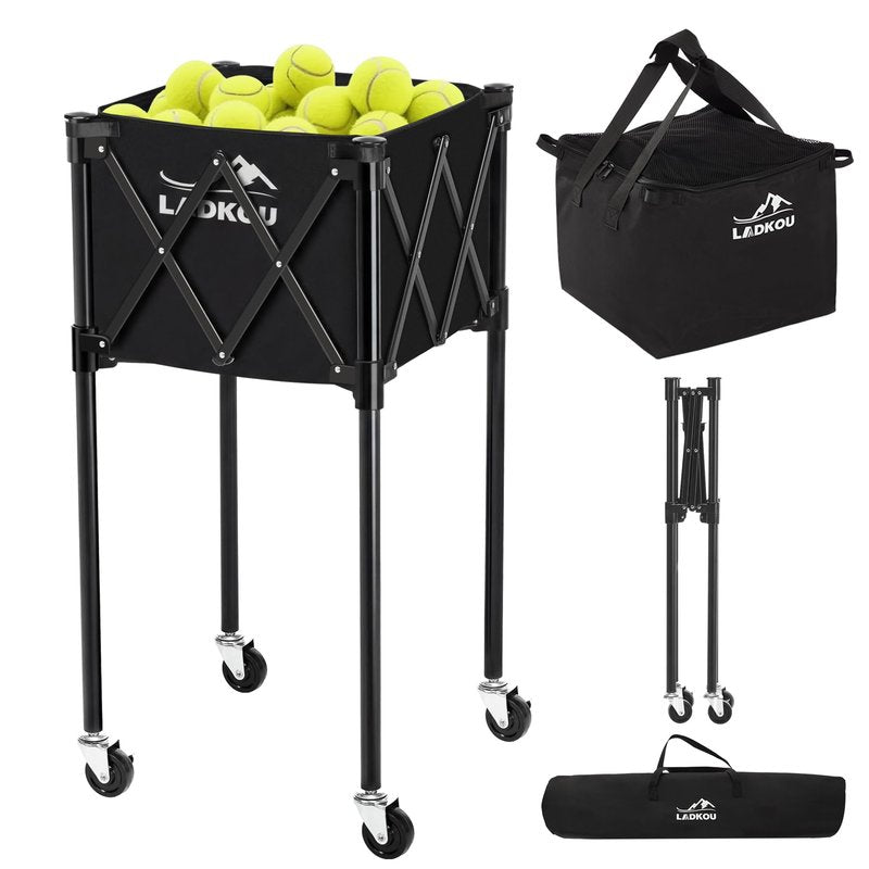 Ladkou Extra Large Tennis Ball Hopper, Holds 200 Balls, Foldable Tennis Ball Basket with Wheels & Removable Bag, Lightweight Pickleball Caddy Cart for Baseball/Softball, for Training/Teaching