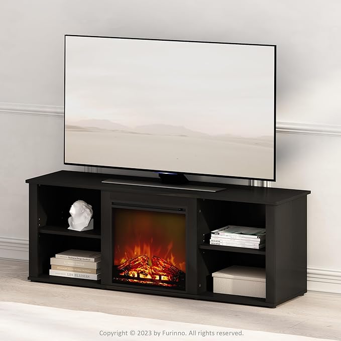 Furinno Jensen Fireplace TV Stand, NO Heat Decorative Electric Fireplace TV Stand for TV up to 60 Inch, with Open Storage, for Living Room, Americano