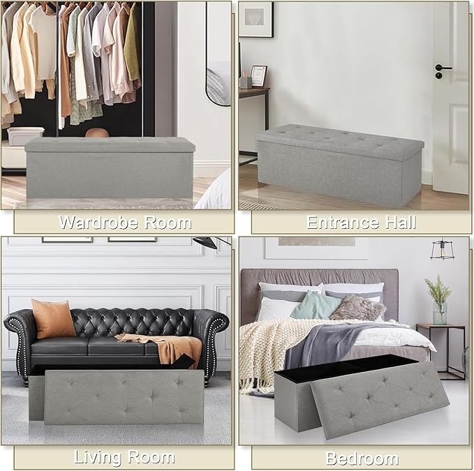 VECELO 43'' Folding Storage Ottoman Bench, Storage Chest, Linen Fabric Foot Rest Stool, 158L Storage Footstools for Bedroom and Living Room, Holds up to 660 lbs, Grey