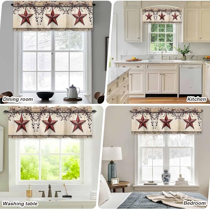 Farmhouse American Valances for Windows, Country Star Berries Vintage Wood