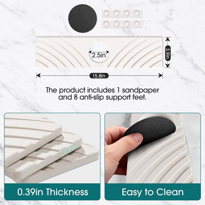 EdenDwell Quick Dry Stone Faucet Mat for Kitchen Sink - 15.8"x3.9" Natural Diatomite Stone Drying Mat for Kitchen Counter Bathroom Dish Dry Mat Auto Drainage Sink Protector (White)
