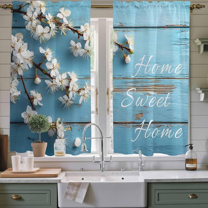 Farmhouse Wooden Grain Kitchen Curtains, Vintage Shabby Chic Flower Blue Light