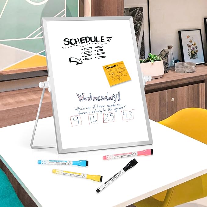 Dry Erase Magnetic White Board, 16" x 12" Double-Sided Desktop Whiteboard with Stand, Portable Small Whiteboard Set for Drawing, Office, Home, School