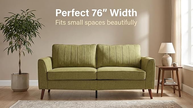 Artechworks Handmade Sofa Couch, 3-Seater 76" Wide W/Durable Italian Style Linen, Modern Mid-Century Fusion Stylish Sofa Couch for Living Room Apartment Lounge,French Piping,Dark Green