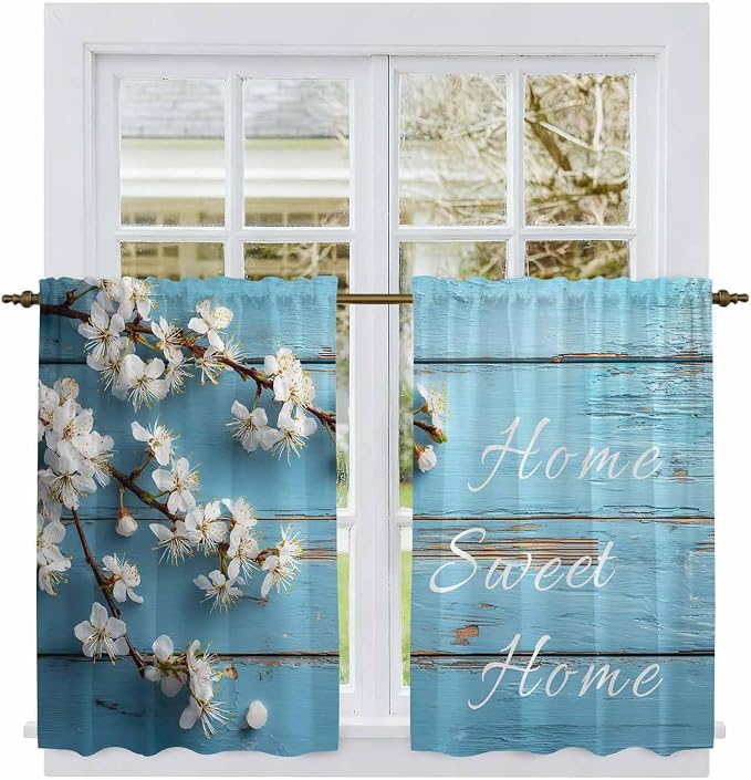 Farmhouse Wooden Grain Kitchen Curtains, Vintage Shabby Chic Flower Blue Light