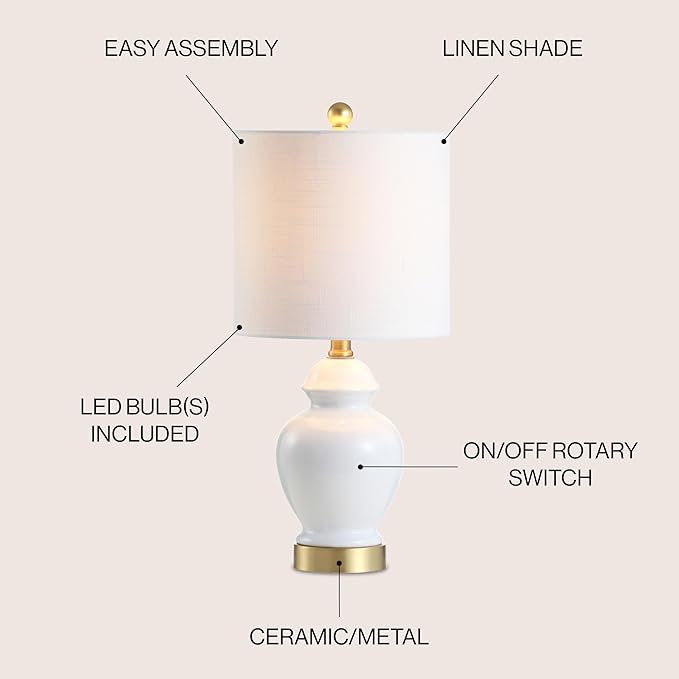 JONATHAN Y 20" White Textured Ceramic and Brass Gold Table Lamp, Glam Bedside Nightstand Lamp for Living Room Bedroom, White Linen Shade, LED Bulb Included JYL1035A