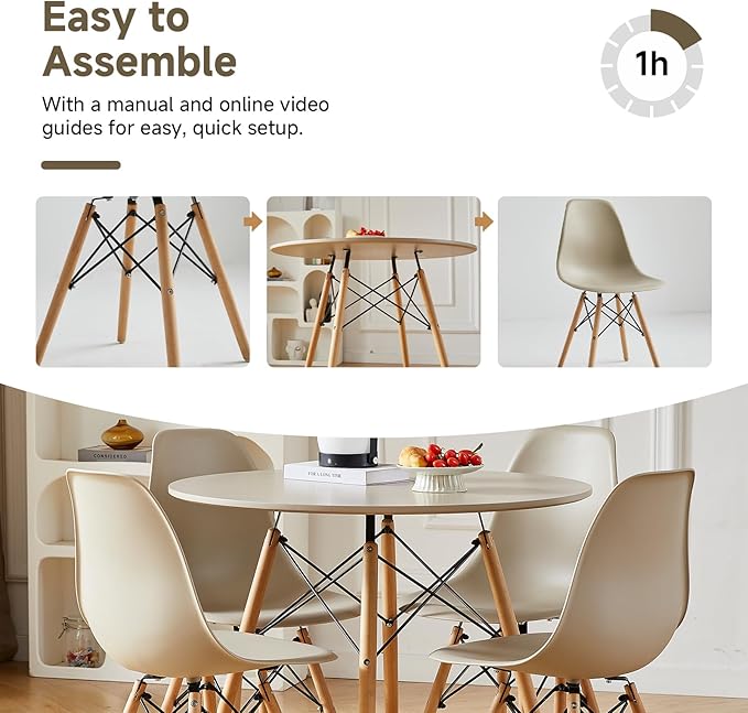Round Dining Table Set for 4 35.5" Wood Dinner Table Circle Dining Table Kitchen Table Chairs Set of 4 with Wood Strip Base for Kitchen Living Room Space Saving Apartment(Beige)