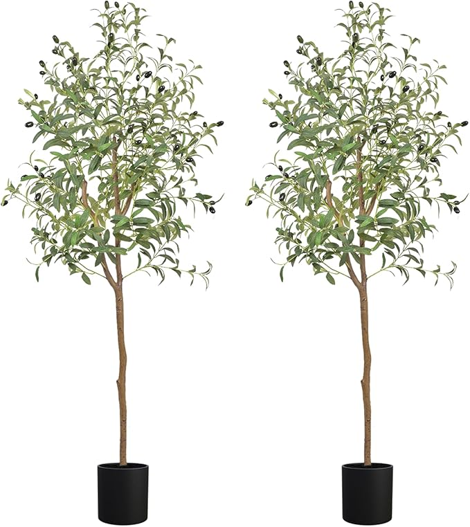ANTING 5FT Artificial Olive Tree - Large Fake Plant with 792Leaves and 44Fruits - Silk Plants for Home Decor Indoor - 2 Pack