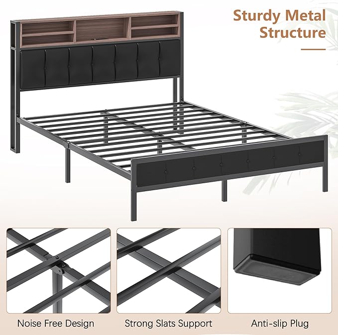 VECELO Farmhouse Metal Bed Frame Twin Size with Wooden Headboard & Footboard, Solid Platform Mattress Foundation with Storage, LED Light, Charging Station, USB Ports, Noise-Free, Easy Assembly, Black