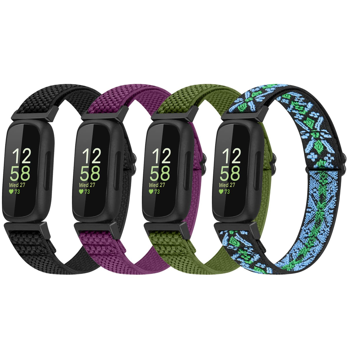 Vodtian 4 Pack Bands Compatible with Fitbit Inspire 3/Inspire 2/Inspire/Inspire HR/Ace 3/Ace 2 Band, Elastic Adjustable Nylon Loop Straps Replacement Sport Stretchy Wristband for Women Men