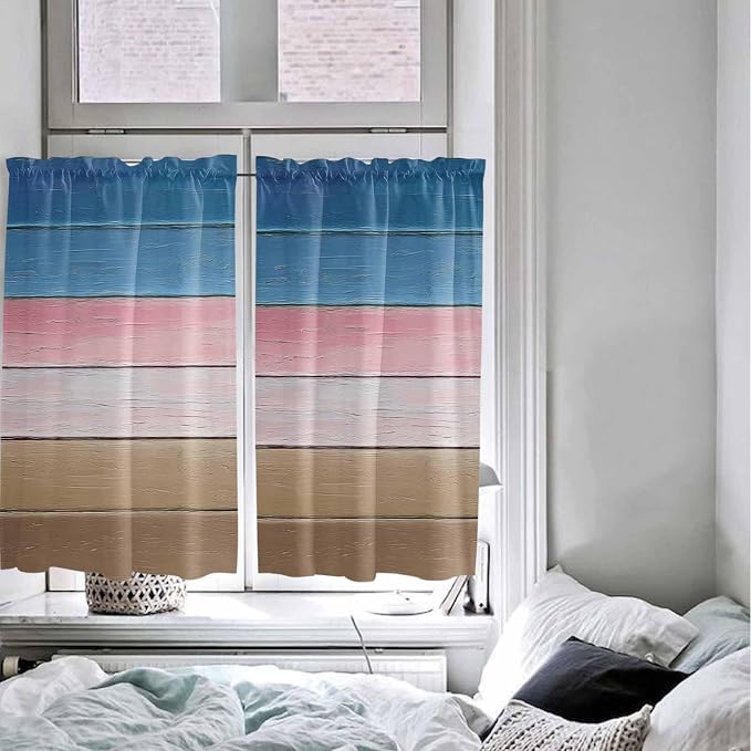 Blue Pink Brown Gradient Wood Grain Window Valance Curtains, Vintage Wood Board