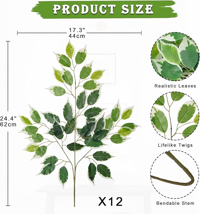 12PCS Ficus Leaves Artificial Branches 24" Faux Ficus Greenery Tree Branches Fake Ficus Leaves Sprays for Tree DIY Arch Wedding Wall Decor - Green & White