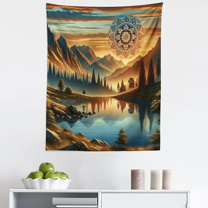 Ambesonne Mountain Tapestry, Laky Scenic Mounts and Woods Oriental Dream Aura Mandala Flower Boho, Fabric Wall Hanging Decor for Bedroom Living Room Dorm, 23" X 28", Pale Vermilion Sea Blue