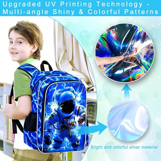 KLFVB 3PCS Lightning Bookbag for Boys, 17" Astronaut Backpack and Lunch Box, Water Resistant Teenagers School Backpacks for Middle Elementary - Lightning Space Adventure