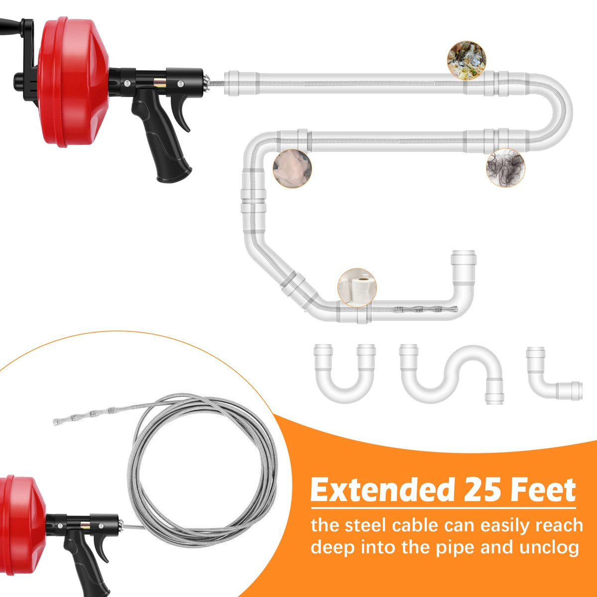 25 FT Plus Double Mode Drain Snake Tools, 13-in-1 Drain Auger for Sink and Drain Unblocking, Plumbing Snake for Kitchen, Bathrom and Shower Sink, Snake for Real DYIs[Upgraded 4.0]