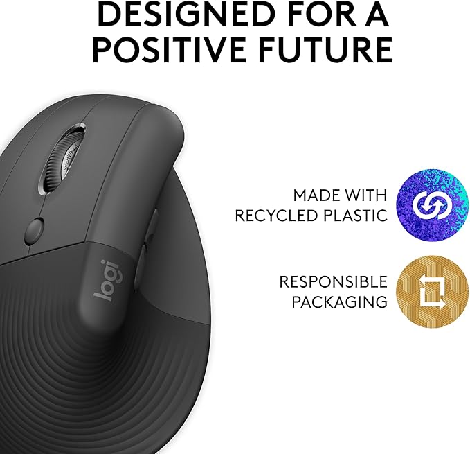 Logitech Lift Left Vertical Ergonomic Mouse, Left-Handed, Wireless, Bluetooth or Logi Bolt USB, Quiet clicks, 4 Buttons, Compatible with Windows/macOS/iPadOS, Laptop, PC - Graphite