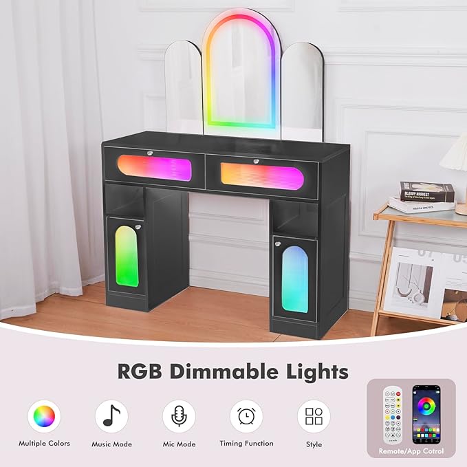Vanity Desk with Arched Tri-Fold Mirror, Dimmable Vanity Table, LED RGB Makeup Vanity with 2 Drawers, 2 Open Storage Area & 2 Cabinets, Gifts for Girls/Women, Dressing Table (Black)
