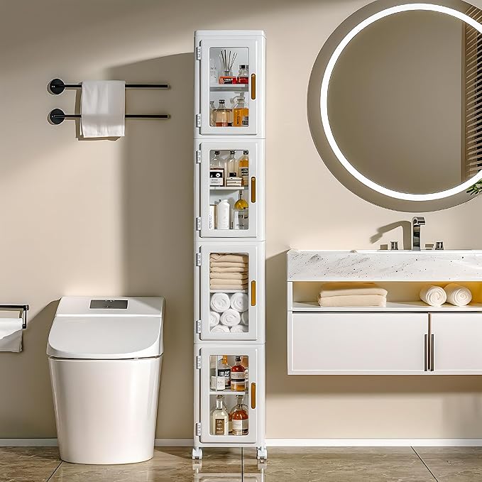 VECELO 4 Tier Tall Plastic Slim Storage Cabinet with Lockable Wheels, Adjustable Shelves, Anti-Tip for Bathroom, Living Room, Laundry Room, Kitchen, Narrow/Small Space, Easy Assembly, Clear