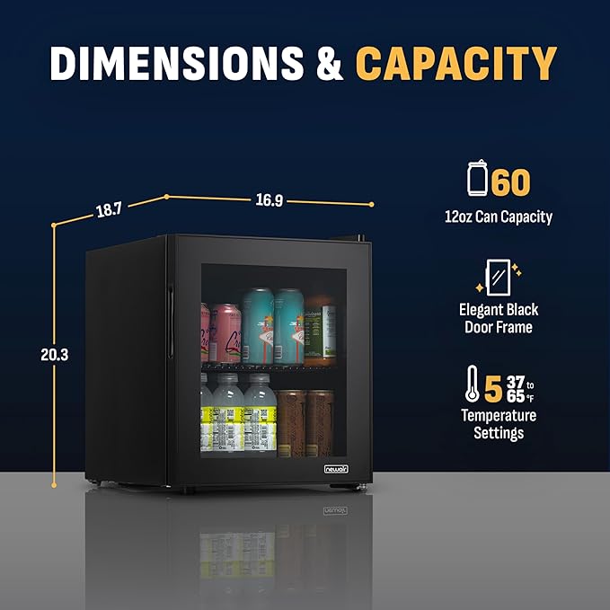 NewAir 60 Can Beverage Refrigerator | Compact Freestanding Mini Fridge for Bedroom, Dorm, Office or Gaming Room | Glass Door, Adjustable Shelf & Quiet Cooling | Black