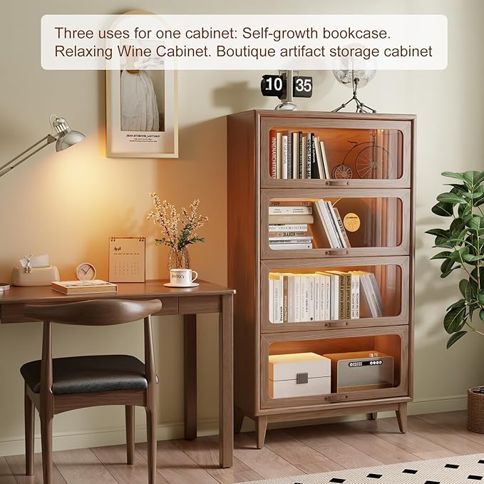 Solid Wood 4 Tier Bookcase with Tempered Glass Doors, Elegant Wooden Book Shelf with Doors 60H/32w/14 inch Log Khaki, Luxury Antique Bookcase Artwork Book Shelves/case for Home Office