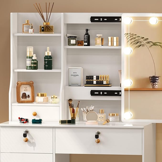 Vanity Set with Mirror and Lights, Vanity Table with Stool, Lighted Mirror 10 Dimmable Bulbs, 6 Drawers, Makeup Vanity Desk for Girls, White Bedroom Dressing Table