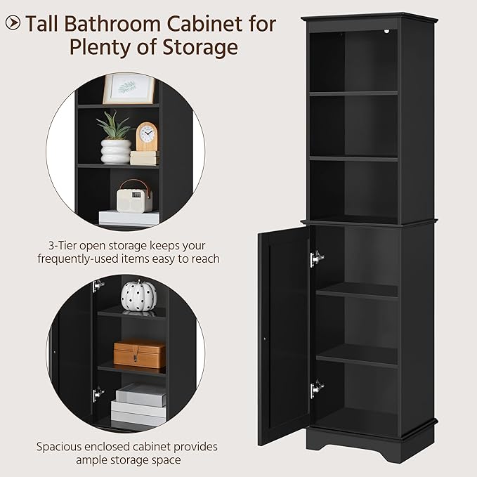 Yaheetech 60.5" Freestanding Bathroom Storage Cabinet, Tall Slim Floor Cabinet with 3 Shelves & Door, Space Saving Organizer, Home Storage Furniture, Black