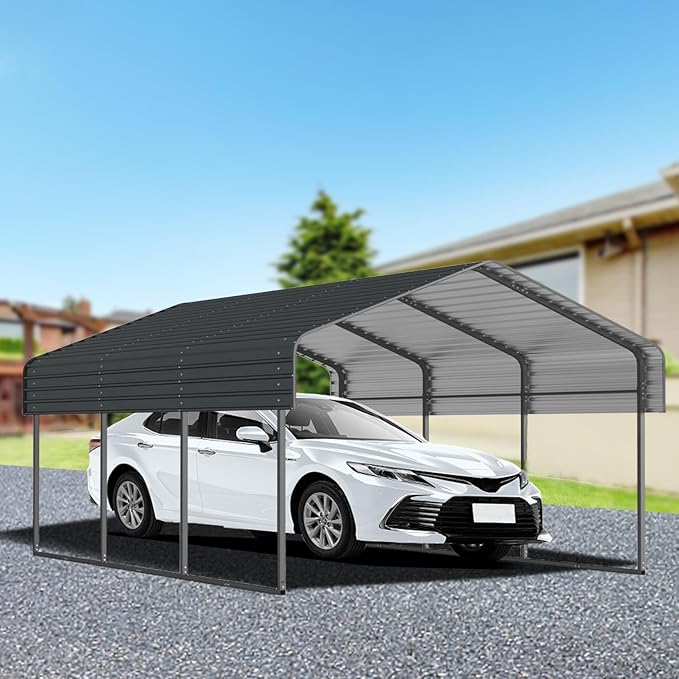 10x15 FT Metal Carport with Enhanced Base and Galvanized Steel Roof, Heavy Duty Outdoor Garage Car Shelter for Car, Boats and Truck