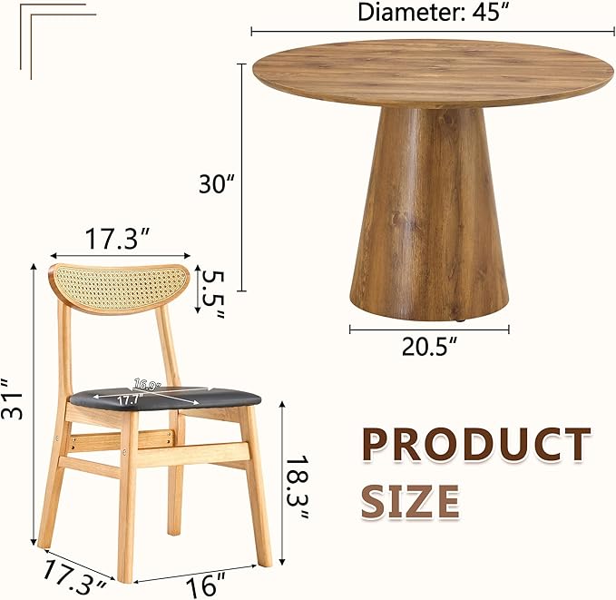 45 Inch Round Dining Table Set for 4, 5 Piece Kitchen Table and Chairs Set, Wooden Table with Light Walnut Finish, Small Space Dining Set for Apartment or Dining Room