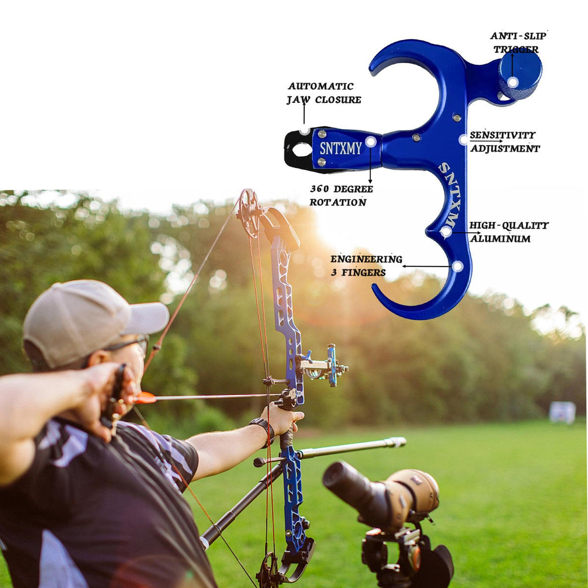 sntxmy Bow Release for Compound Bow, Archery Release Trigger, Compound Bow Release, Thumb Release. (3 Finger Bow Release, Light Blue)