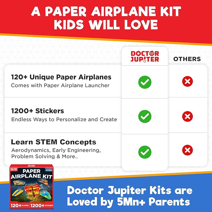 Doctor Jupiter Paper Airplane Book Kit for Kids Ages 6+ | Make & Fly 120+ Paper Airplanes with 1200+ Stickers | Birthday Gift Ideas for 6-7-8-9-10 Year Old Boys & Girls | STEM Airplane Toy, Craft Kit