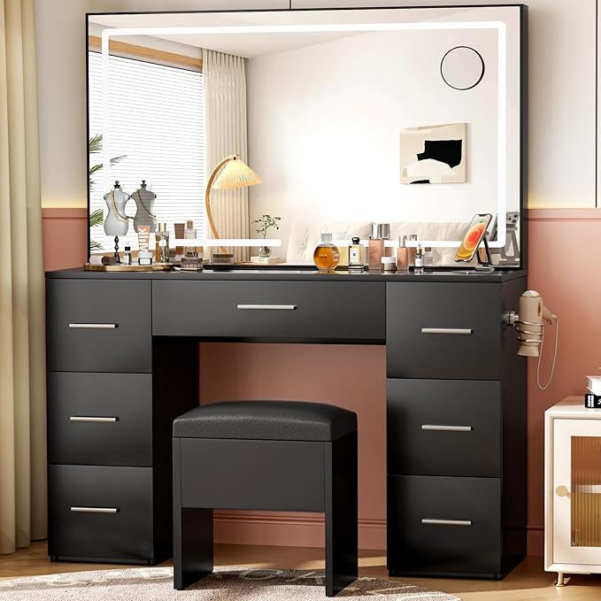 Makeup Vanity Desk with Lights, 46'' Glass Top Vanity Set with Charging Station, 7 Drawers Vanity Table with Cushioned Stool, 3 Lighting Modes Brightness Adjustable,Black
