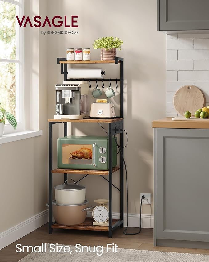 VASAGLE Kitchen Bakers Rack with Power Outlet, Coffee Bar 4-Tier with 8 S Hooks, Microwave Stand, Adjustable Shelf, for Small Spaces, 15.7 x 17.7 x 55.1 Inches, Rustic Brown and Ink Black UKKS013KD01