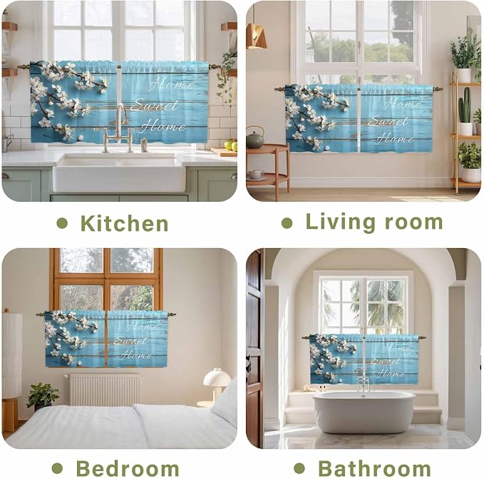 Farmhouse Wooden Grain Tier Curtains, Vintage Shabby Chic Flower Blue Light