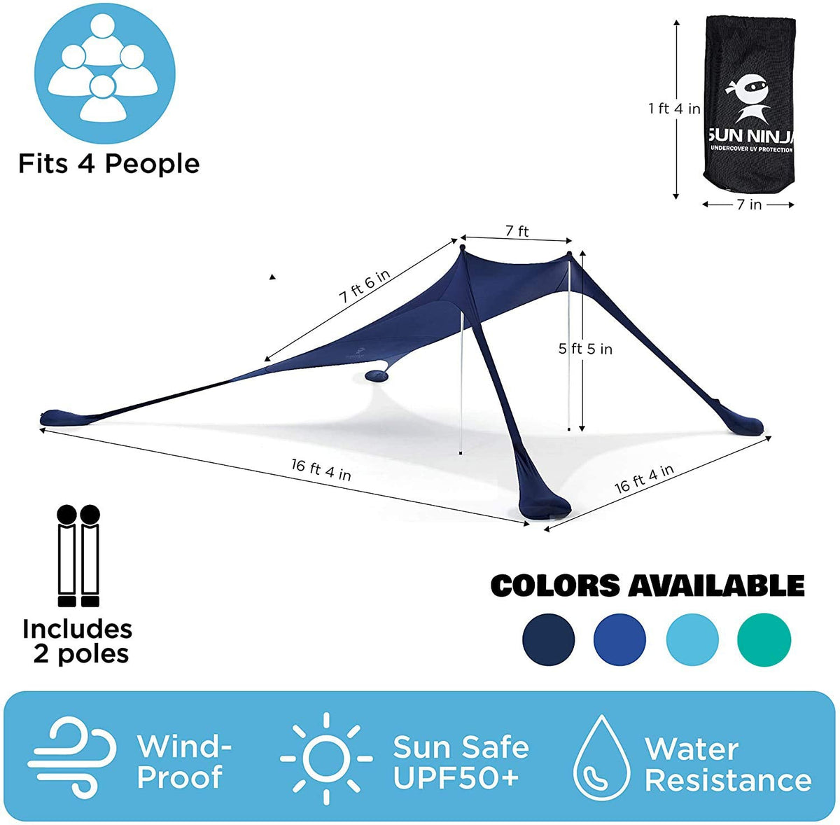 SUN NINJA Pop Up Beach Tent Sun Shelter UPF50+ with Sand Shovel, Ground Pegs and Stability Poles, Outdoor Shade for Camping Trips, Fishing, Backyard Fun or Picnics (7x7.5 FT 2 Pole, Navy)