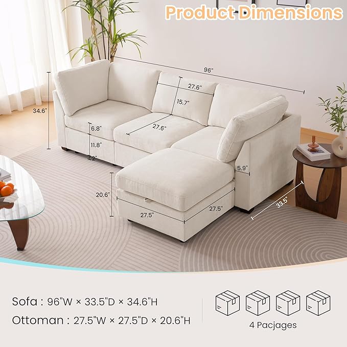 TEKAMON 123" Modular Sectional Sofa,Extra Large Comfy Cloud 4-Seat Deep Seat, Reversible Chaise Modular Sectional Couches for Living Room and Apartmenr,Beige
