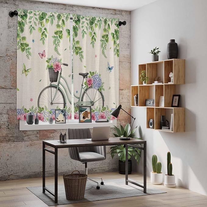 Farmhouse Spring Kitchen Curtains, Retro Bicycles Flowers Vines Butterfly Light