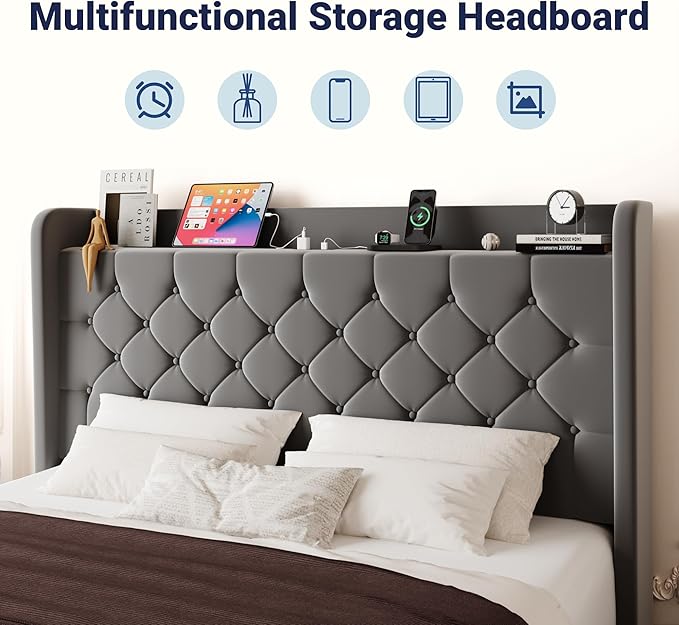 Allewie Full Size Bed Frame, Storage Headboard with Charging Station, Wingback Velvet Upholstered, Diamond Stitched Button Tufted, Sturdy Wooden Slats, No Box Spring Needed, Easy Assembly, Grey