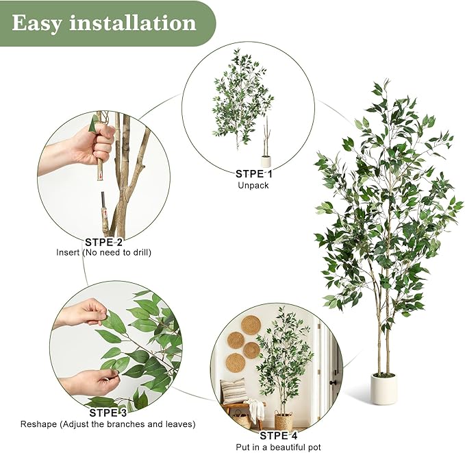 7FT Ficus Trees Artificial Indoor, Faux Silk Plant with Natural Wood Trunk and Lifelike Fruits, White Imitation Ceramic Planter with Green Fake Moss for Modern Home Office Living Room Decor
