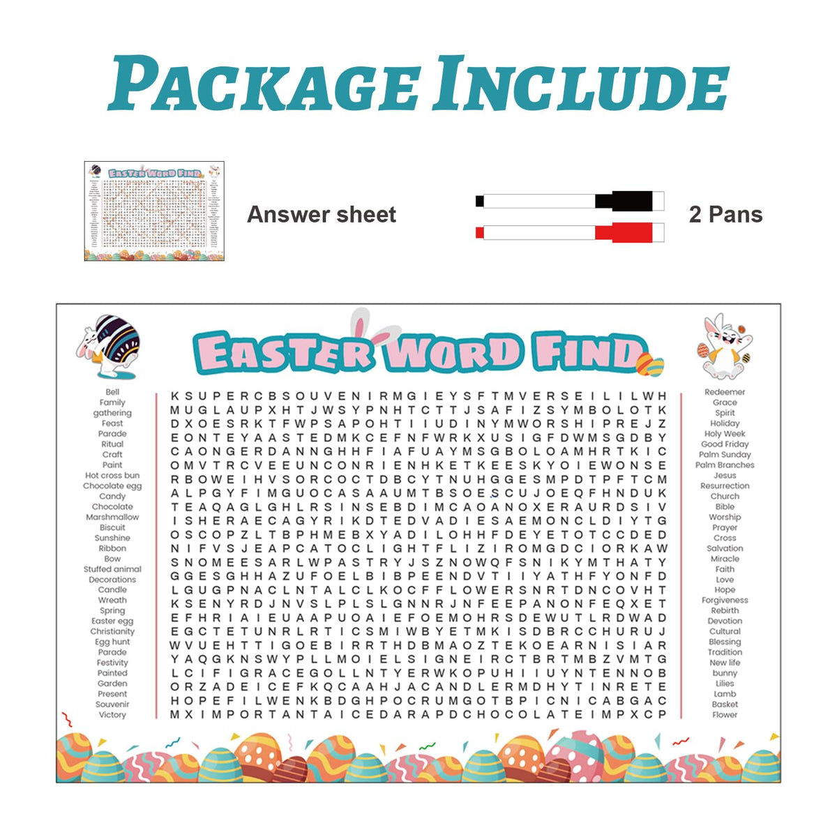 WBCPATY Jumbo Large Size Easter Word Search Poster, 53" X 36" Giant Holiday Word Search Wall Poster for Easter, Wall Game with 64 Words for Family Holiday Party Activity