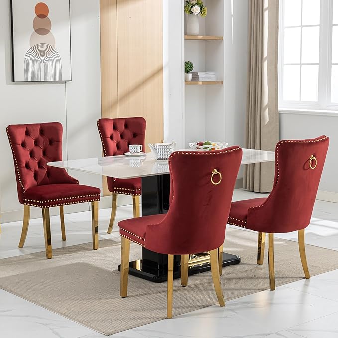 Luxury Upholstered Dining Chairs Set of 4, Red Kitchen Chair with Golden Metal Legs, Velvet Tufted Back Dining Chair, Sillas de Comedor, Modern Kitchen & Dining Room Chairs (Burgundyy, 4 Pcs)